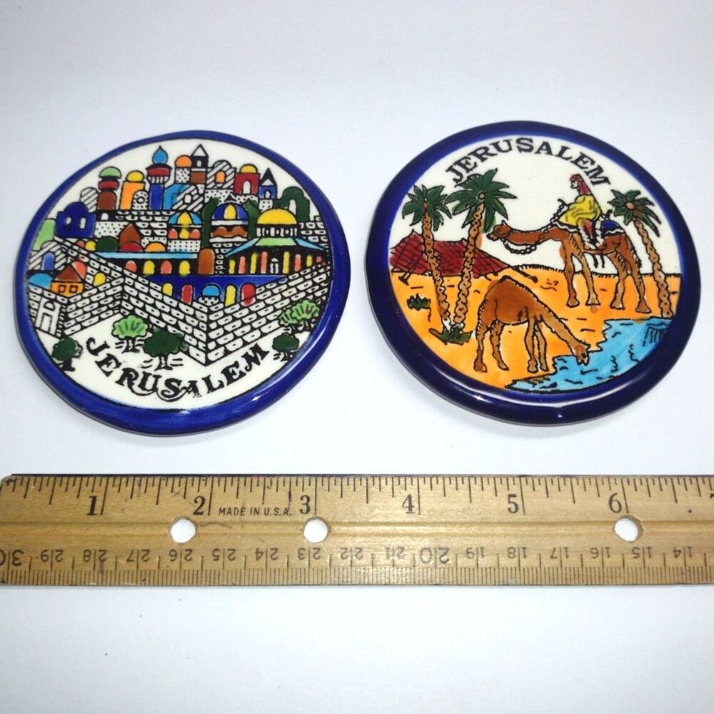 Pair of Ceramic Jerusalem Israel Holy Land Wall Plate Ornaments Trinket Souvenir